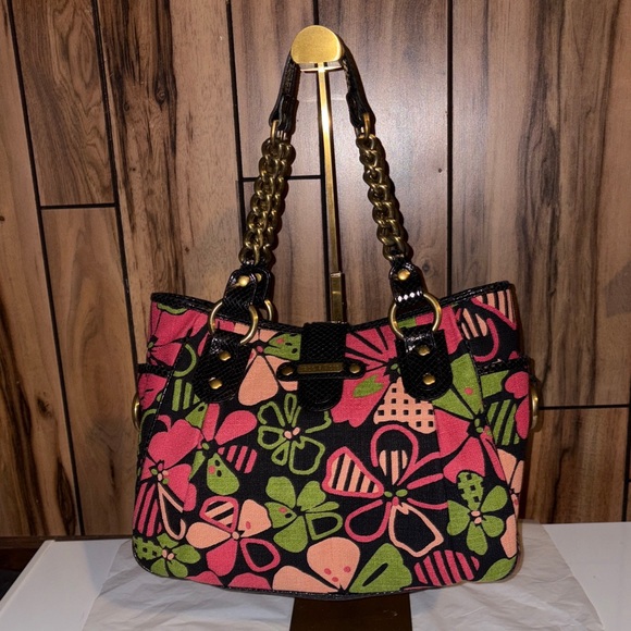 Isabella Fiore Black and Pink Floral Satchel/Shoulder Bag - Picture 2 of 15